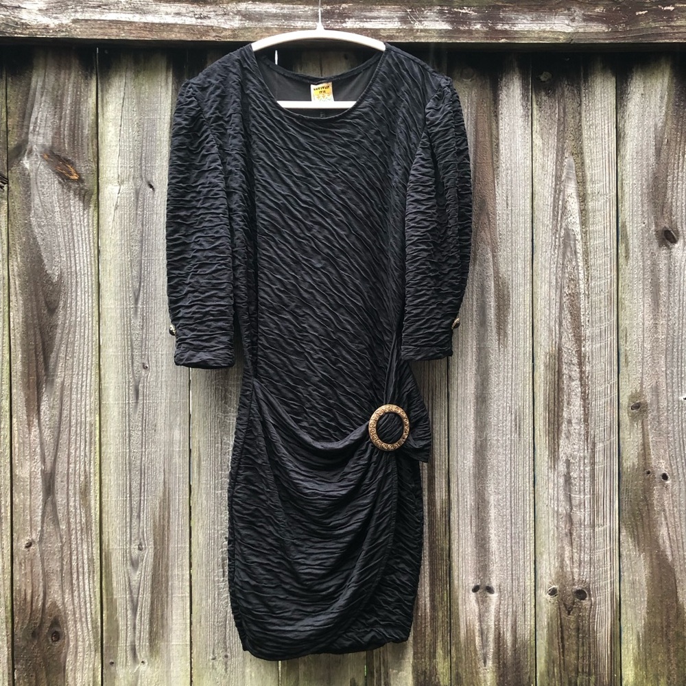 Vintage 80s Textured Bodycon Dress Size 6 Black 3/4 Sleeves